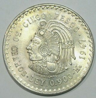 1947 Mexico Cinco 5 Pesos.  900 Fine Silver
