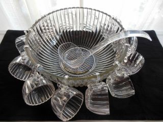 Jeannette Glass Clear National Punch Bowl,  Cups,  Hooks,  & Ladle 26 Piece Set