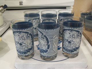 Set Of 6 Currier & Ives Royal China Blue And White Tumbler Glasses 8 Oz