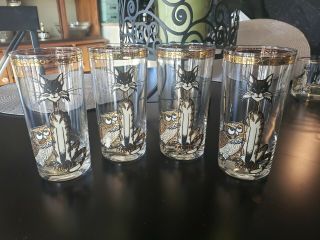 4 Vintage Mid Century Culver Owl And Pussycat Highball Glasses - Signed.  22k