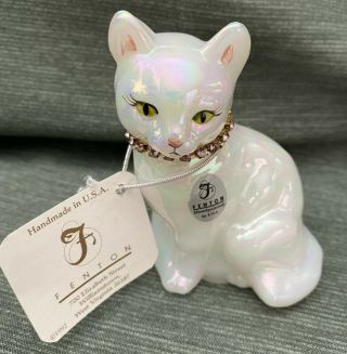 Fenton White Kitty Cat With Rhinestone Collar - Signed