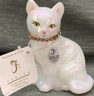 Fenton White Kitty Cat with Rhinestone Collar - signed 2