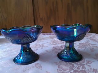 Vintage Indiana Glass Blue Harvest Grape & Leaf Carnival Glass Candle Holders