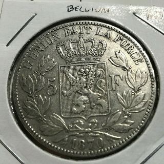 1870 Belgium Silver 5 Francs Crown Coin
