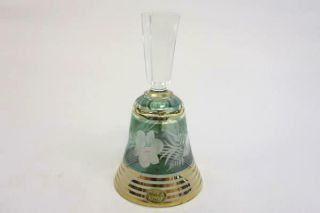 Vintage Bohemia Crystal Bell Green Cut To Clear With Gold Trim Czechoslovakia