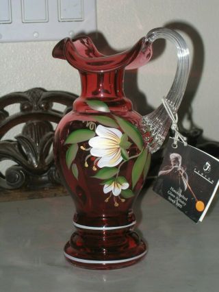 2001 Fenton Art Glass Rib Optic Pitcher With Hand Painted Florals Qvc