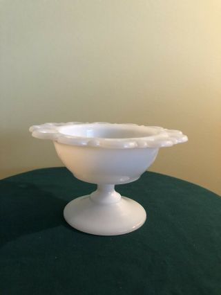 Vintage Milk Glass Lace Edge Pedestal Dish.  3” High 5 1/4” Wide