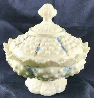 Rare Fenton Bluebells Candy Dish W/ Lid Hobnail Milk Glass Vintage Fenton Glass