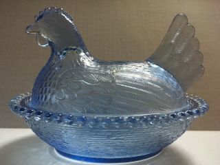Vintage Indiana 7 " Glass Hen On Nest Chicken Covered Candy Dish Light Blue Art