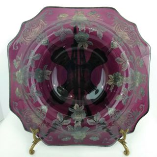 Vintage Cambridge Apple Blossom Purple Glass Console Bowl Amethyst Etched Gold