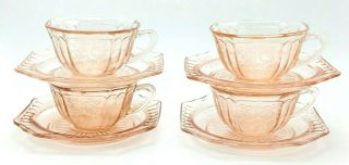 Anchor Hocking Mayfair Open Rose Pink Depression Glass Cup and Saucer (8 PC) 2