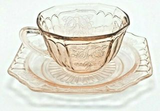 Anchor Hocking Mayfair Open Rose Pink Depression Glass Cup and Saucer (8 PC) 3