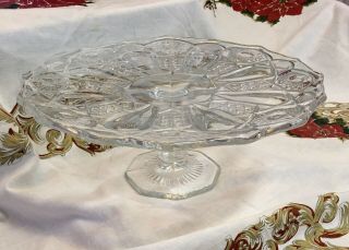 Vintage Clear Glass Pedestal Cake Plate Stand With Scalloped Edge 11”