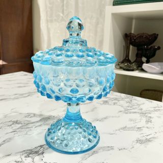 Vintage Fenton Blue Opalescent Hobnail Pedestal Compote Candy Dish With Lid