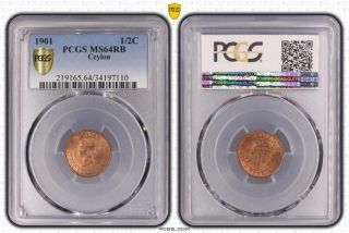 1 Highest Graded Coin Worldwide 1901 Ceylon 1/2 Cent Pcgs Ms64 Rb