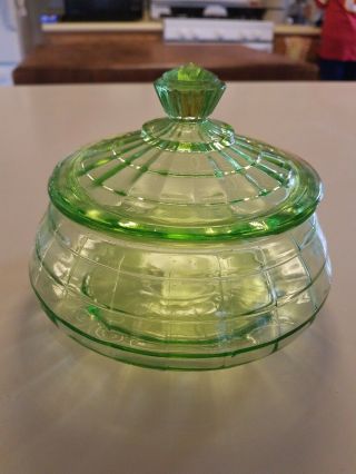 Vintage Green Vaseline Elegant Depression Glass Lidded Candy Dish Square Grid