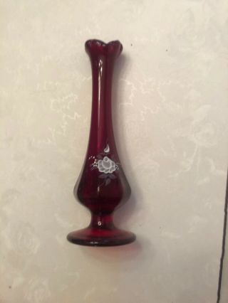 Vintage Fenton Art Glass Ruby Red Bud Vase - Hand Painted Artist Signed