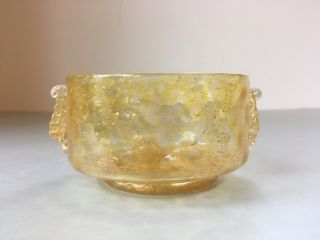 Venetian Murano Salviati Blown Glass Sugar Bowl With Gold Leaf,  Mask Handles