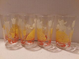Vintage Anchor Hocking Set Of 4 Dutch Girl And Tulip Flat Bottom Drinking Glasse