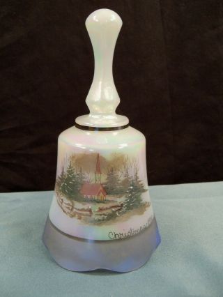 Fenton Hand Painted White Carnival Glass 1990 Christmas Bell - Church Scene