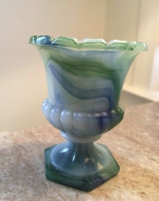 Vintage Akro Agate Blue Green Swirl Urn Shape Vase Holder Marked