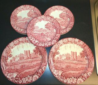 Vintage Red Enoch Wood & Sons Castle England Set Of 7 Dinner Plates