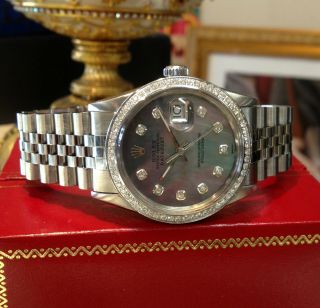 Mens Rolex Oyster Perpetual Datejust Diamonds Mother - Of - Pearl Dial Watch