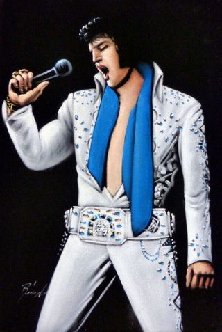 Velvet Elvis Presley Hand Painted 24 " X18 " Art White Jumpsuit Blue Scarf Painting
