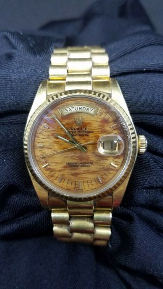 Mens 18k Rolex President With Day - Date And Birch Wood Dial 1978