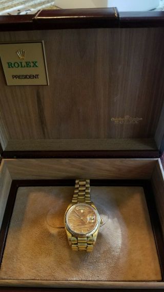 Mens 18k Rolex President with Day - date and Birch Wood Dial 1978 2