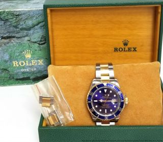 Rolex Submariner 16613 Blue On Blue 18k Gold Ss Mens Quickset Watch W Box