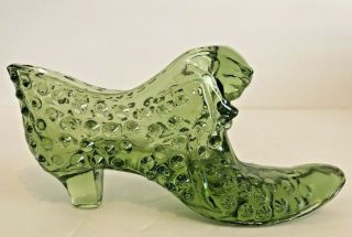 Vintage Fenton Green Glass Hobnail High Heel Cat Shoe