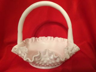 Vintage Milk Glass White Hobnail Basket Scalloped Edges W/handle;