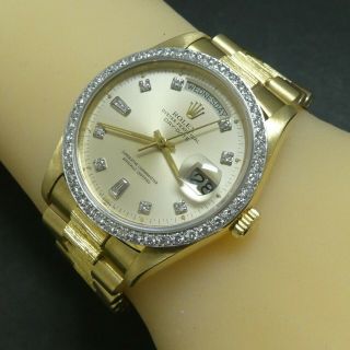 18k Gold Rolex President Day Date Bark Finish 36mm Watch 1807 Diamond Bezel Dial