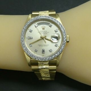 18K Gold Rolex President Day Date Bark Finish 36mm Watch 1807 Diamond Bezel Dial 2