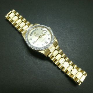 18K Gold Rolex President Day Date Bark Finish 36mm Watch 1807 Diamond Bezel Dial 3