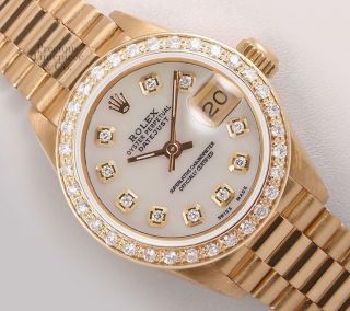 Rolex President Ladies 18k Gold 26mm Watch - Diamond Bezel - White Mop Diamond Dial