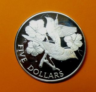 British Virgin Islands Silver Proof Five Dollar 1984.  Yellow Warblers