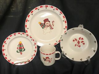 Holiday Moments Snowmen Stoneware Christmas 4 Place Setting - 16 Piece Set Dishes