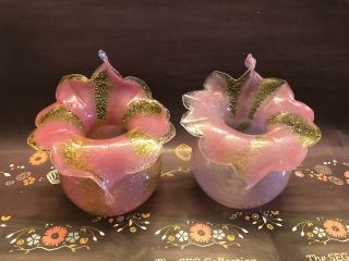 Hand Blown Glass Vases,  Floral Design,  Pink/yellow Set Of Two,  Hibiscus Flower