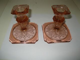 Vintage 2 Pink Depression Glass Candle Holders Floral Leaf Design 4 " Tall