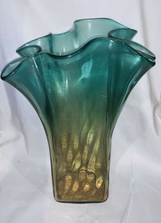Large Mid Century Blenko Glass Tall Vase Pinched Ruffled Ombré Green Yellow Mcm