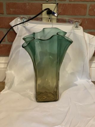 Large Mid Century Blenko Glass Tall Vase Pinched ruffled Ombré Green Yellow MCM 2