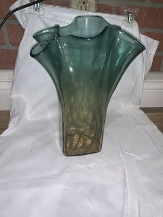 Large Mid Century Blenko Glass Tall Vase Pinched ruffled Ombré Green Yellow MCM 3