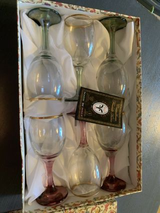 6 Cristalleria Fratelli Fumo Wine Glasses Italy Colored Stems Gold Rim