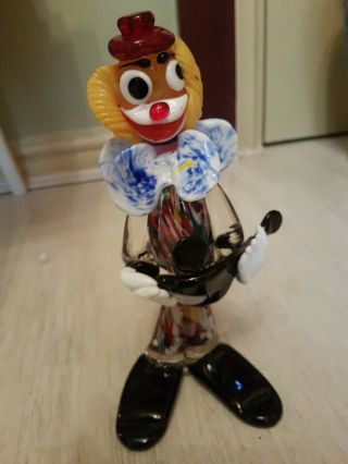 Murano Glass Clown With Guitar,  Vintage Glass 9.  5 Inches