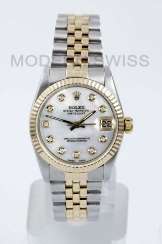 Rolex Ladies Midsize Datejust 18k Gold Steel White Mop Diamond Dial Jubilee 2yr