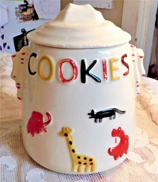 Vintage Mid - 20th Century American Bisque Usa Animal Theme Cookie Jar W/ Lid