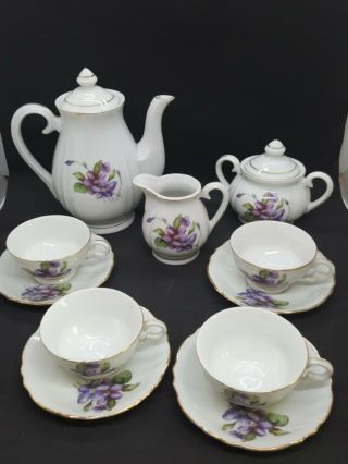Vintage Violets Fine China Tea Set Pot Creamer Sugar 4 Cups 4 Saucers Gold Trim