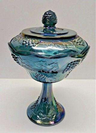 Indiana Blue Carnival Glass Lidded Candy Dish On Pedestal W/grape Design Compote